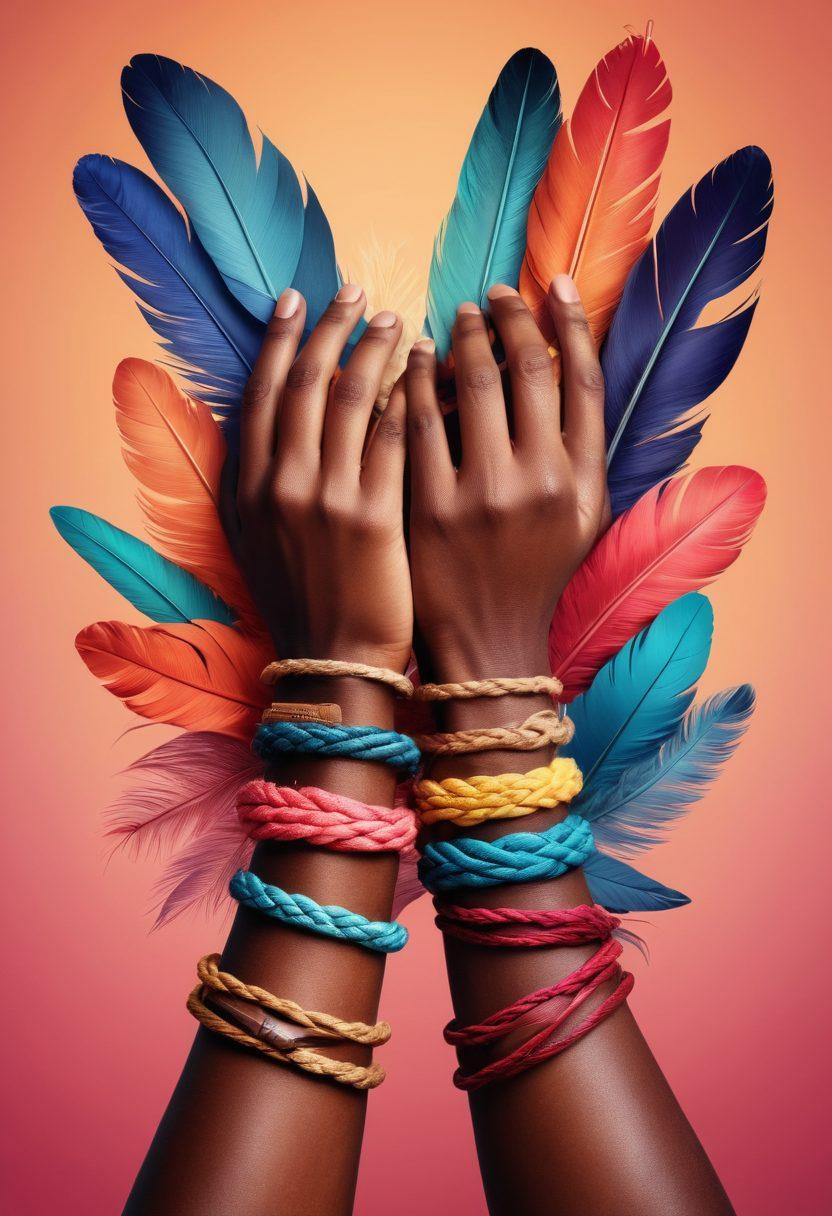A pair of diverse hands intertwined, symbolizing trust and consent, surrounded by vibrant illustrations of various kink-related items like ropes, cuffs, and feathers. The background features a soft gradient, evoking a sense of freedom and exploration, with subtle text overlays about education and consent. The overall mood is inviting and respectful, highlighting open communication. digital art. vibrant colors. soft focus.