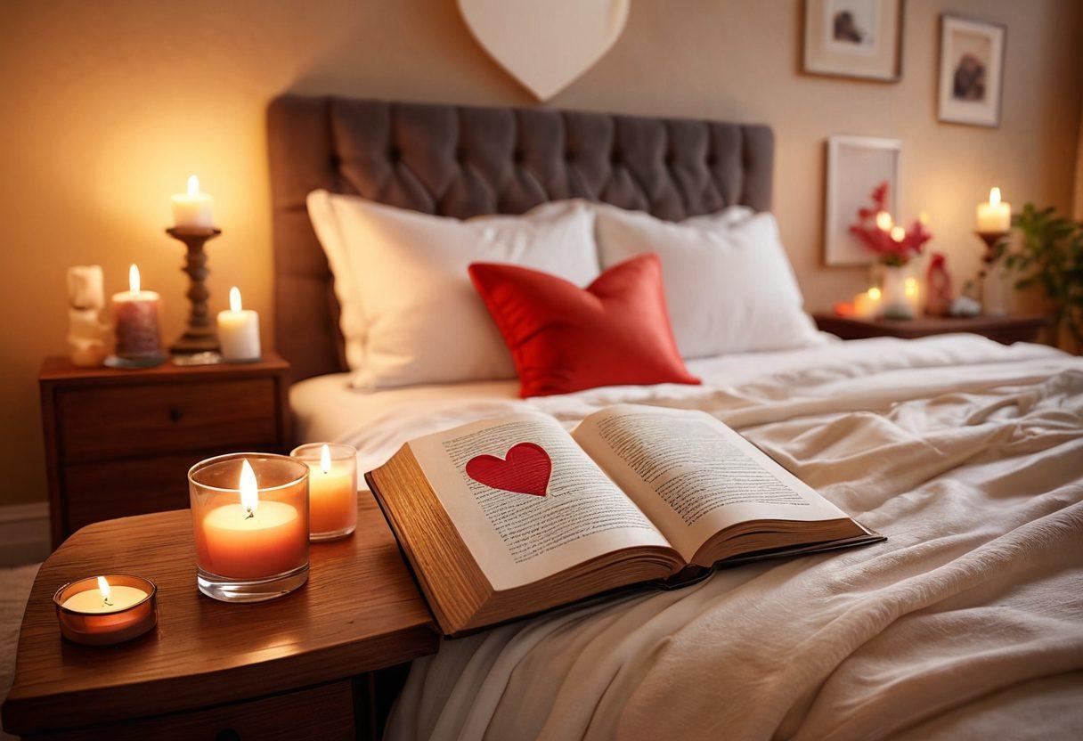 A serene and inviting bedroom setting, with soft lighting and plush textures. Include intimate symbols of love and wellness like candles, heart-shaped decor, and an open book about intimacy on a bedside table. The background should suggest tranquility and exploration of pleasure. Emphasize warm, soothing color tones. super-realistic. vibrant colors.