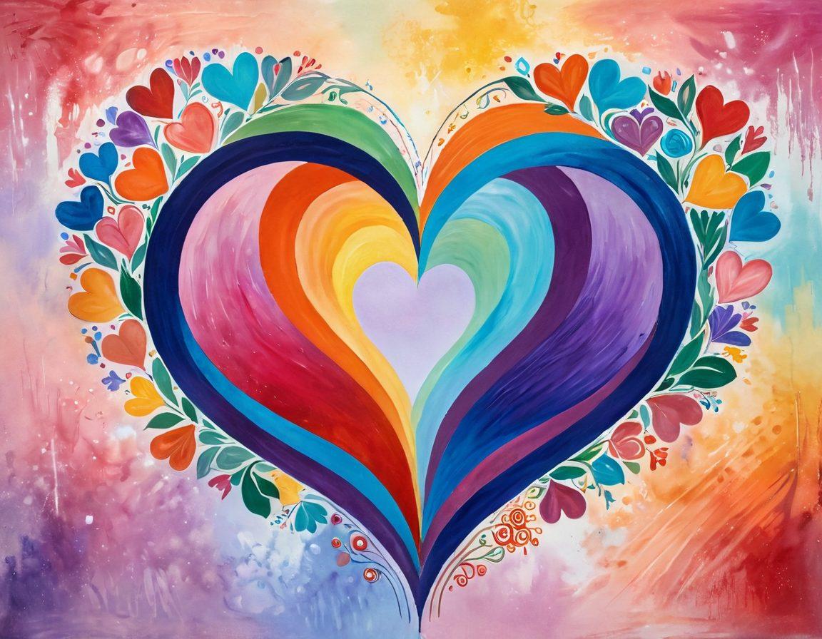 A vibrant, abstract representation of interconnected hearts, each decorated with symbols of empowerment and love, surrounded by blooming flowers symbolizing growth and self-discovery. Soft pastel colors create a warm and inviting atmosphere, with a sunlit background symbolizing positivity. Include subtle motifs of diverse couples engaging in open communication, reflecting healthy relationships. painting. vibrant colors.